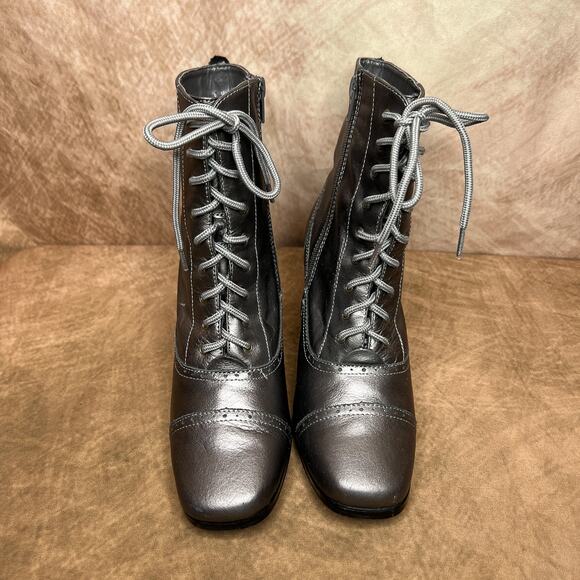 AJ Valenci Victorian Style Lace Up Heeled Boots Gray Leather Steampunk Gothic - Picture 3 of 13